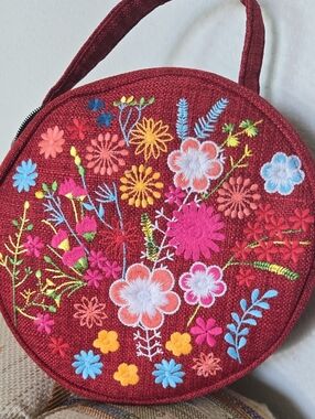 Embroidered Round Red Floral Handbag